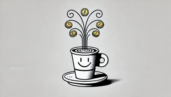 Minimalist black-and-white line drawing of a cortadito coffee cup with a sly grin; golden coins rise from it like steam in a whimsical swirl, set against a wide white background.