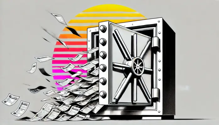 Minimalist editorial sketch showing a vault door slamming shut while tax forms flutter outside, set against a stylized neon Miami sunset with sparse line work and wide negative space.