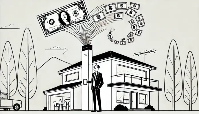 Black-and-white minimalist line drawing of a modern house with dollar bills drifting upward from the chimney. A smiling homeowner holds a coffee mug, standing nearby. Clean lines and wide negative space, editorial cartoon style.