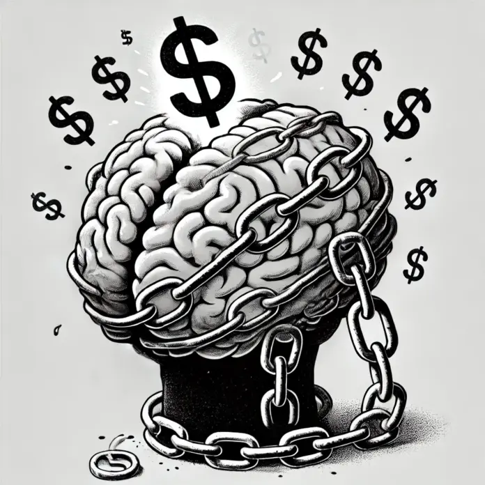 Minimalist black-and-white line drawing of a brain wrapped in chains shaped like dollar signs. One link is snapping and glowing, symbolizing financial freedom or breakthrough thinking. Clean editorial style with open space.