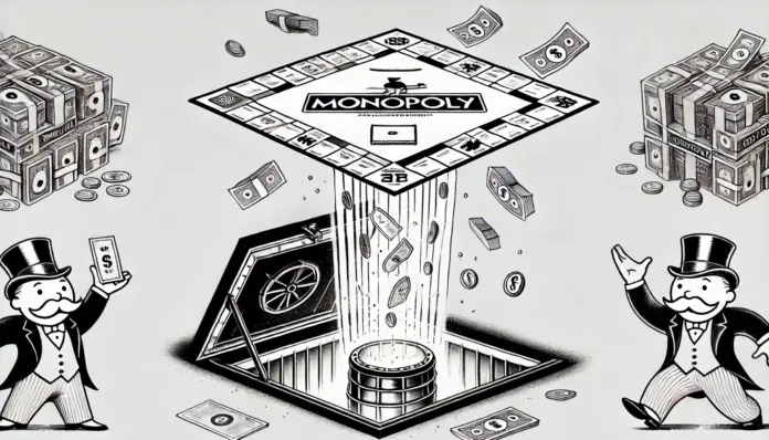 Minimalist black-and-white sketch of a flipped Monopoly board revealing a hidden underground vault filled with gold coins and legal documents. Pieces fly outward, exposing the symbolic wealth beneath the surface. Wide-angle, editorial cartoon style.