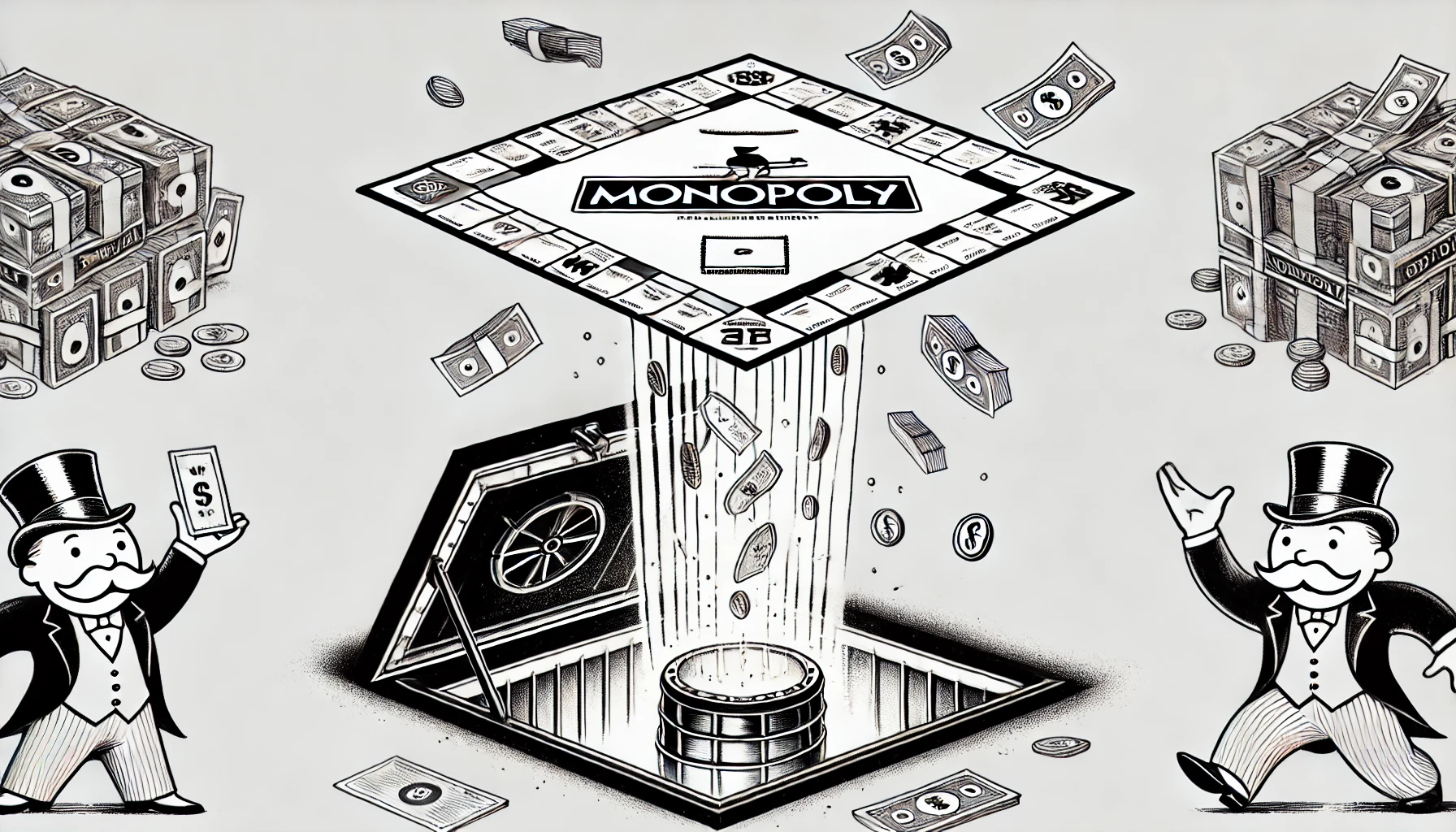 The Real Game Below Minimalist black-and-white sketch of a flipped Monopoly board revealing a hidden underground vault filled with gold coins and legal documents. Pieces fly outward, exposing the symbolic wealth beneath the surface. Wide-angle, editorial cartoon style.