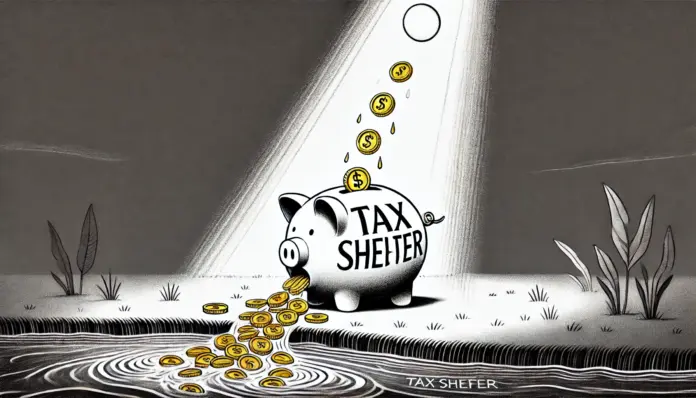 Black-and-white line drawing of a cracked piggy bank leaking gold coins into a fast-moving stream labeled “tax shelter.” The moon glows above. Minimalist editorial cartoon style with clean lines and symbolic elements.