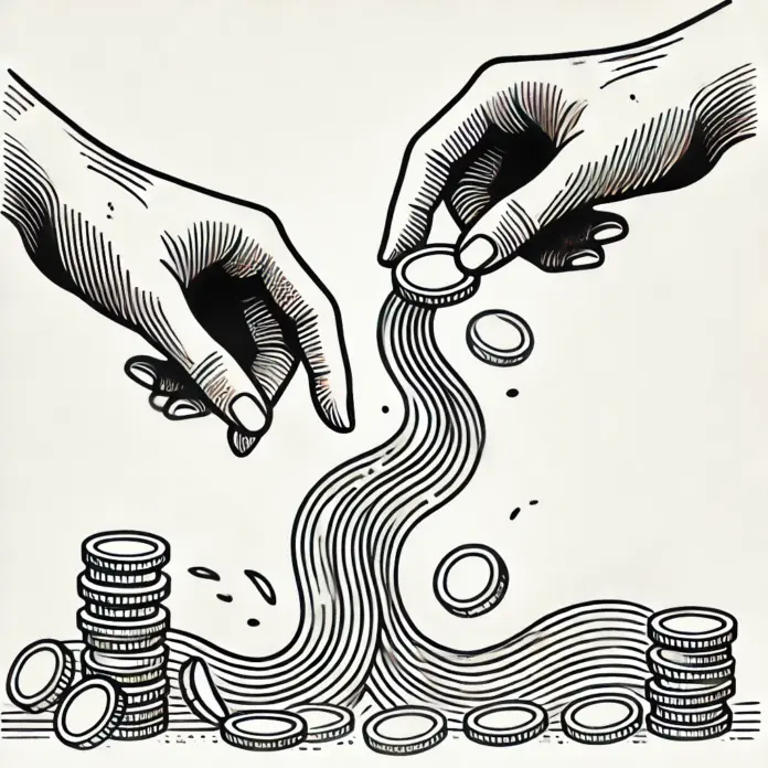 Line drawing of a clenched fist holding coins beside an open hand releasing gold that turns into a flowing river, in a minimalist sketch style.
