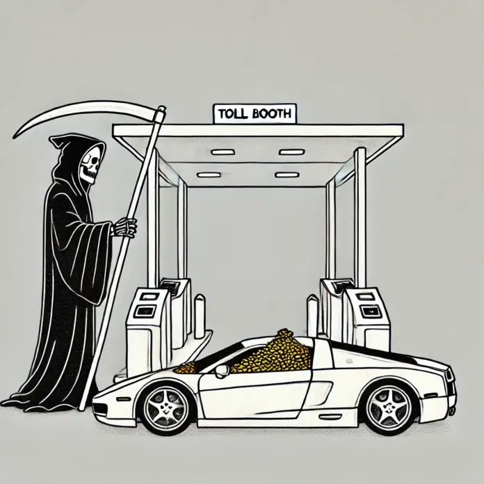Minimalist sketch of the Grim Reaper at a toll booth with no scythe, watching a limousine filled with gold speed past without stopping.