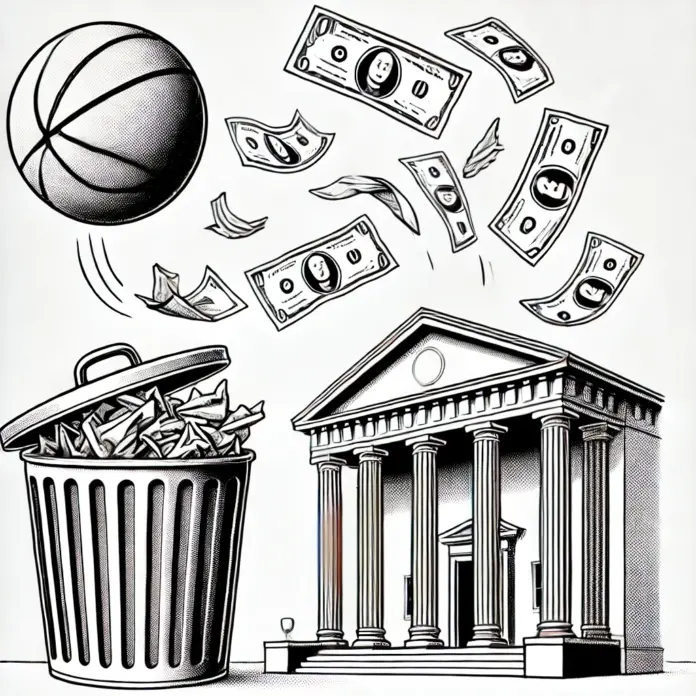 Minimalist sketch of a crumpled spreadsheet mid-air like a basketball, flying toward a trash can shaped like a bank, with winged dollar bills floating away.