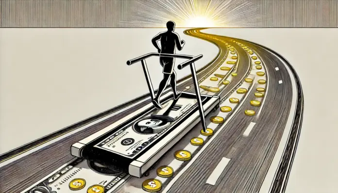 Minimalist black-and-white illustration of a person on a treadmill made of dollar bills, stationary in the foreground. In the distance, a glowing highway made of gold coins stretches toward the horizon. Clean editorial cartoon style, wide-angle.