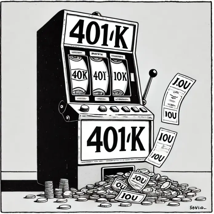 Black-and-white ink sketch of a 401(k) slot machine dispensing IOU slips instead of coins. Minimalist style with no shading, clean lines, and editorial cartoon tone. Square format with wide negative space.