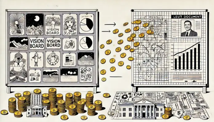 Minimalist black-and-white line drawing of a vision board morphing into a legal trust document. Gold coins spill out onto a financial blueprint. Editorial cartoon style with clean lines and wide negative space.