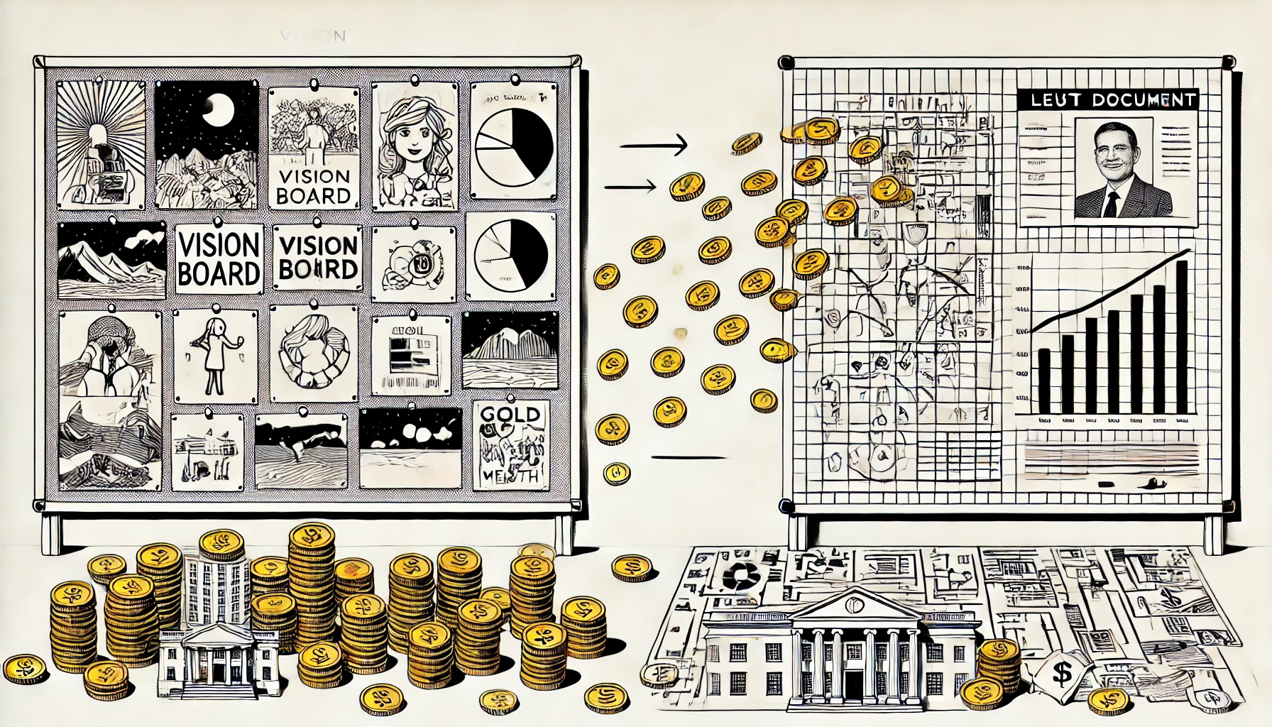 Manifestation Clause Minimalist black-and-white line drawing of a vision board morphing into a legal trust document. Gold coins spill out onto a financial blueprint. Editorial cartoon style with clean lines and wide negative space.
