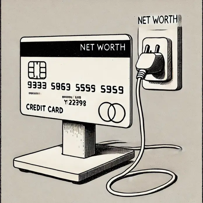 Minimalist line drawing of a credit card plugged into a charging station labeled “net worth,” symbolizing the relationship between credit and personal value.