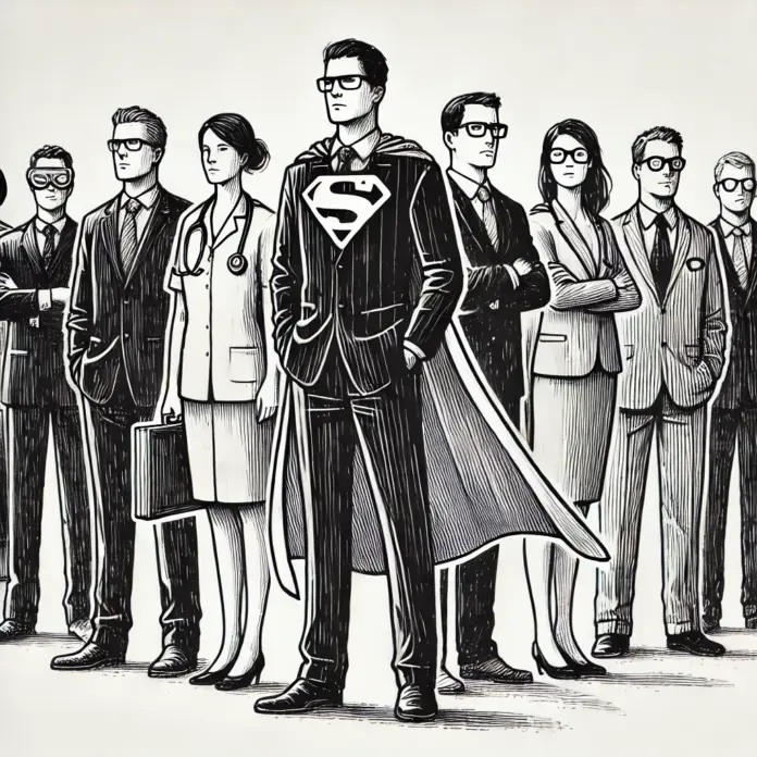 Black-and-white minimalist sketch of a team of professionals in suits with capes, each representing different careers like law, medicine, and business, standing together like a superhero team.