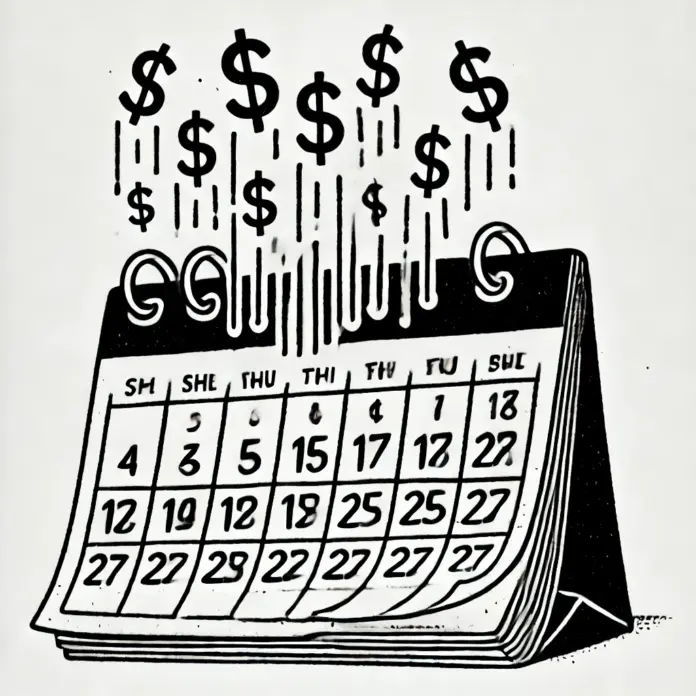 Minimalist line drawing of a calendar with dollar signs falling like rain on future dates, symbolizing upcoming financial gain or planning for future wealth.