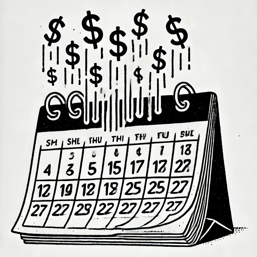 Forecast: Financial Showers Ahead Minimalist line drawing of a calendar with dollar signs falling like rain on future dates, symbolizing upcoming financial gain or planning for future wealth.