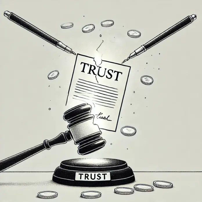Line drawing of a gavel splitting a will in two, with a glowing trust document emerging and coins scattered below.