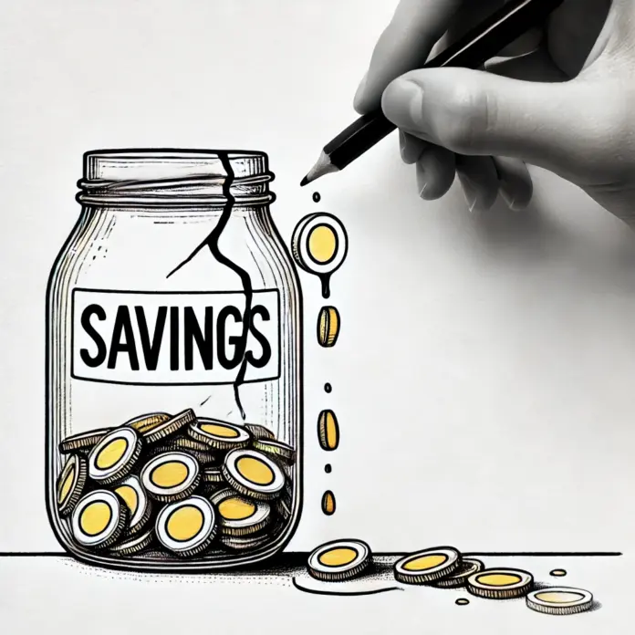 Line drawing of a cracked glass jar leaking gold coins onto a surface, symbolizing financial loss.