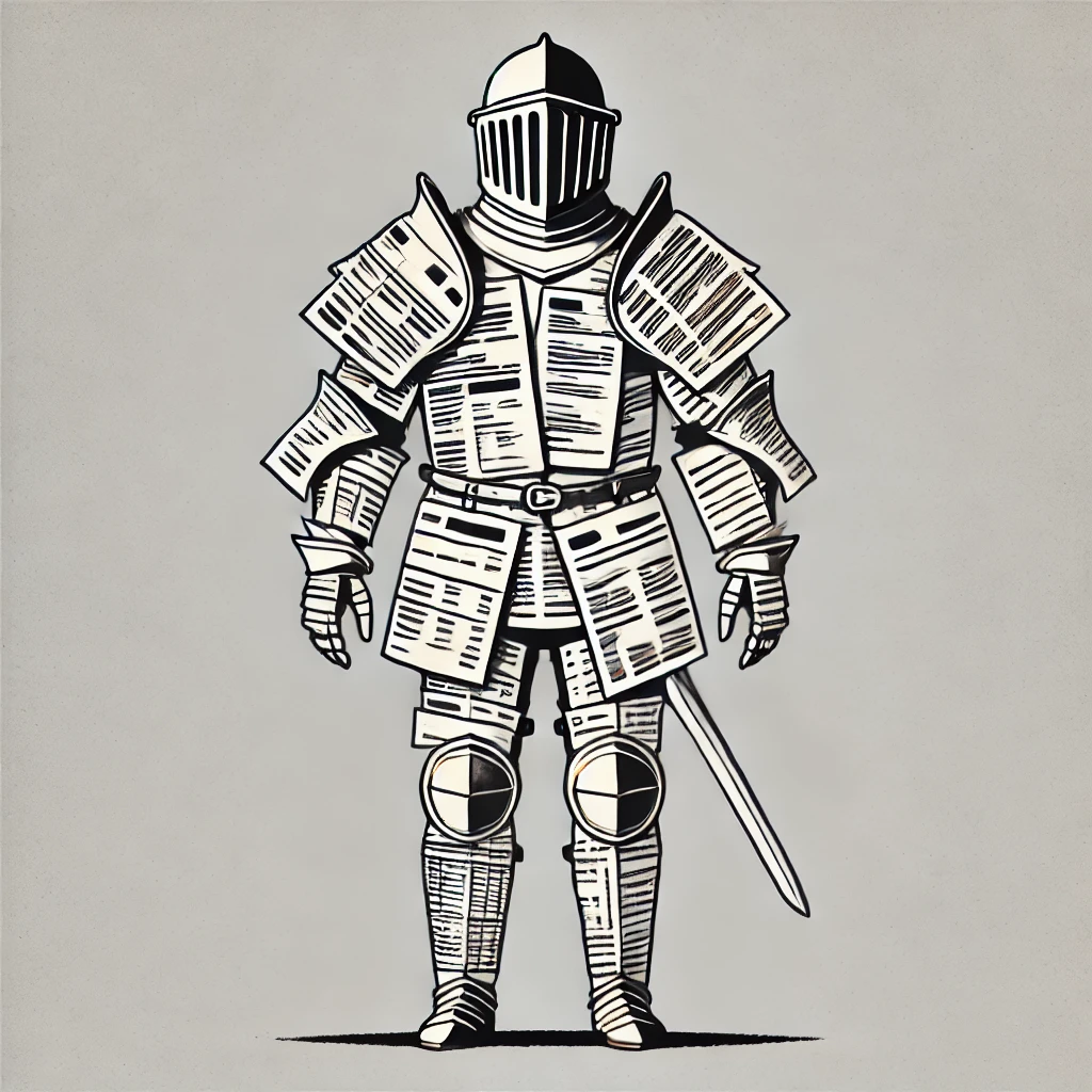 Paper Shield Line drawing of a figure wearing armor made from stacked legal and financial documents, symbolizing protection through bureaucracy.