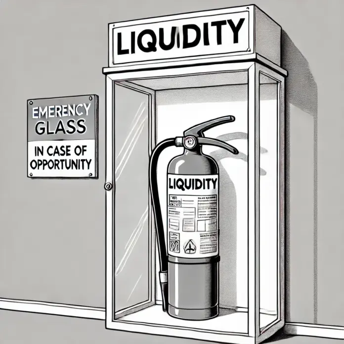 Editorial-style sketch of a fire extinguisher labeled “Liquidity” behind cracked emergency glass with a sign reading “Break Glass in Case of Opportunity.”