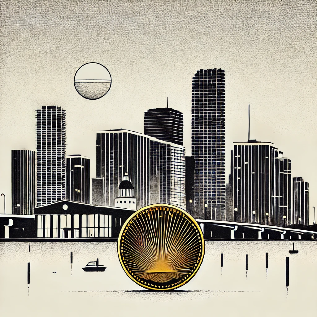 Stillness Before Neon Minimalist black-and-white line drawing of Miami skyline with a single gold coin in the foreground, symbolizing wealth amid urban vibrancy.