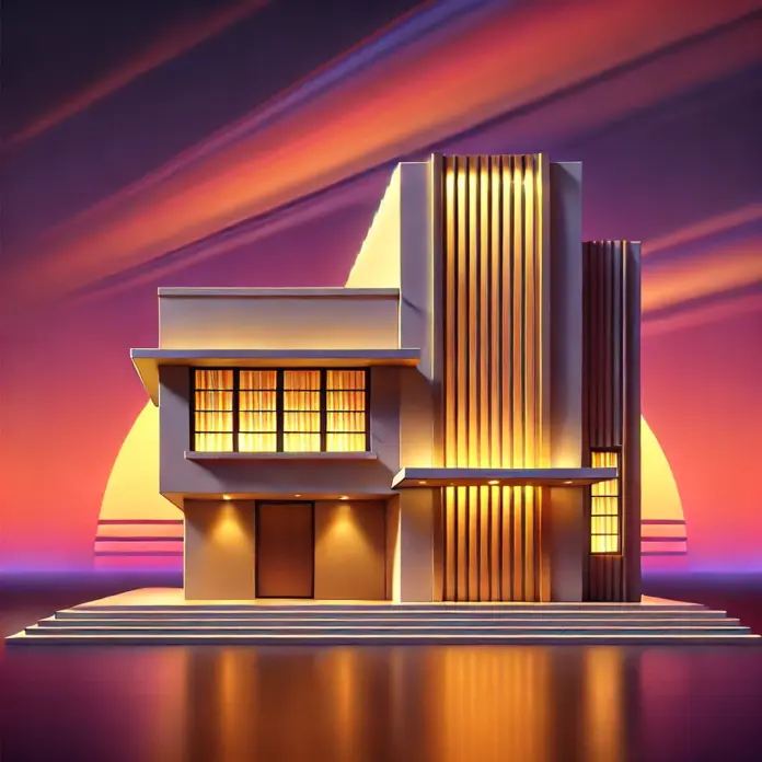 Minimalist illustration of a sleek modern Miami home glowing faintly gold against a vibrant sunset, symbolizing hidden financial value.