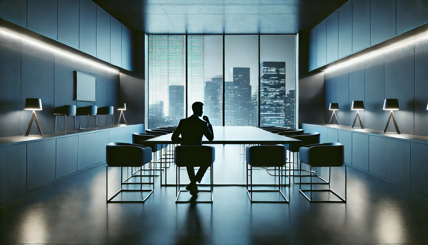 Minimalist Interior in Deep Blue Monochrome with Silhouette at Table Silhouette of a person in a tailored suit seated at a minimalist table, overlooking a blurred city skyline through floor-to-ceiling windows in deep blue monochrome style.