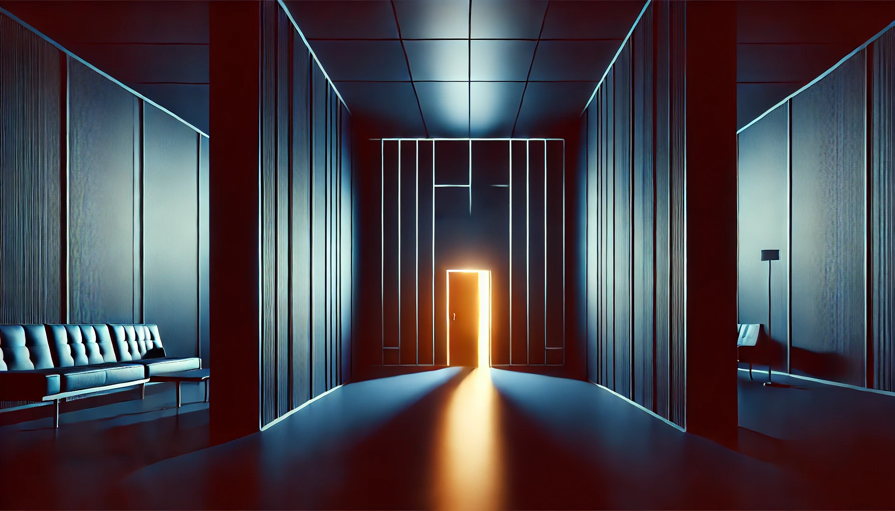 Deep Blue Monochrome Corridor with Geometric Lines and Glowing Door Minimalist corridor in deep blue monochrome with stark geometric lines leading to a tall door slightly ajar, glowing light spilling out at the end.