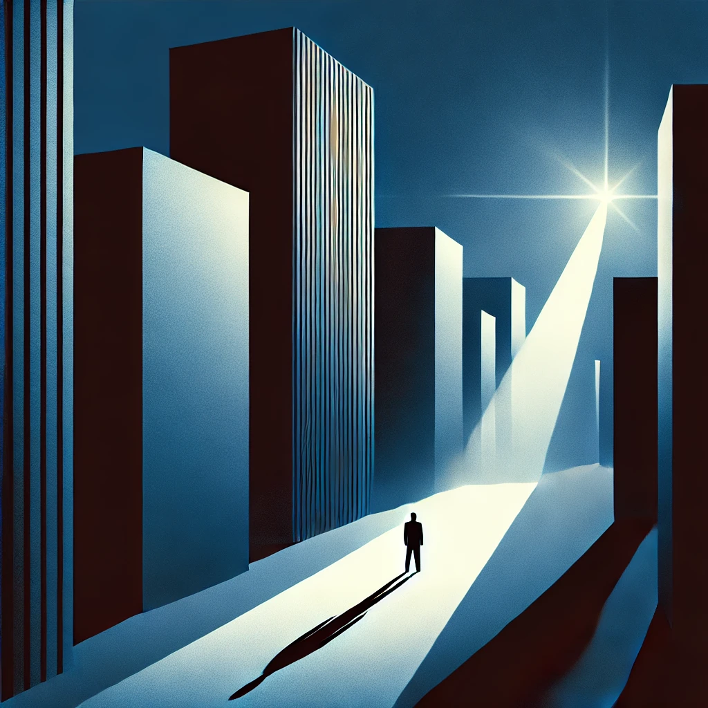Minimalist Deep Blue Silhouette in City Skyline – 1960s Style Artwork A lone silhouette stands among towering deep blue geometric skyscrapers, illuminated by a shaft of light in a minimalist 1960s advertising style.