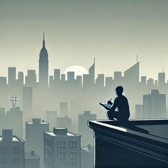 Minimalist monochrome illustration of a lone figure sketching on a rooftop at dawn with a faint city skyline in the background.