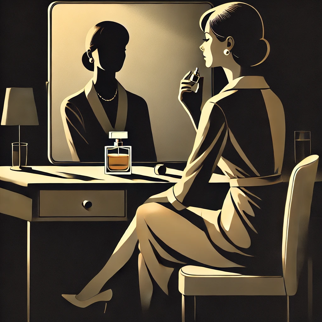 DALL·E 2025-11-05 21.18.28 - A minimalist Mad Men–style editorial illustration of a woman seated at a softly lit vanity. A perfume bottle is reflected infinitely in the mirror, cr