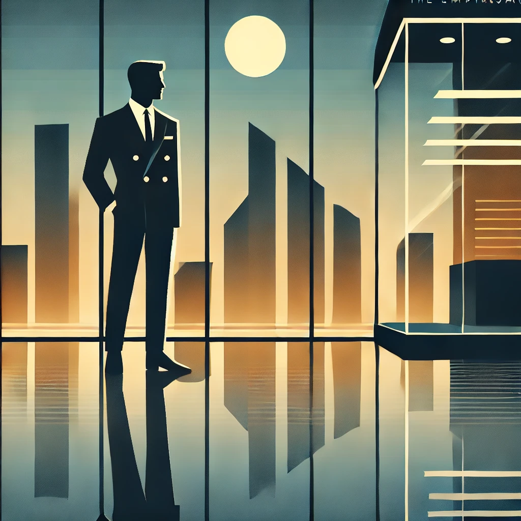 DALL·E 2025-11-17 13.43.04 – A minimalist mid‑century modern commercial illustration featuring a lone figure in a tailored navy suit standing before a stylized city skyline at dus