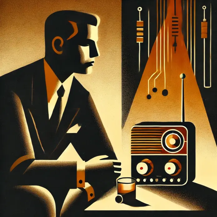 Minimalist 1960s-style illustration of an engineer sitting beside a glowing transistor radio with abstract circuit elements in the background.