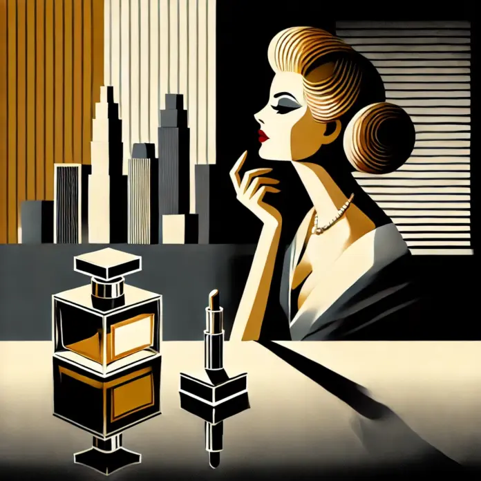 Minimalist mid-century–style illustration of a sophisticated woman seated at a vanity, lit in warm gold and deep charcoal shadow, with a glossy cosmetic jar reflecting an abstract city skyline.