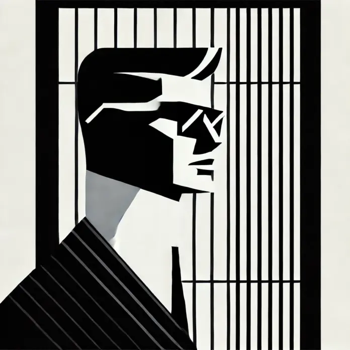 Minimalist black-and-white mid-century–style illustration of a man with a sharp collar, sleek hairstyle, and geometric sunglasses standing before a tall window with vertical lines.