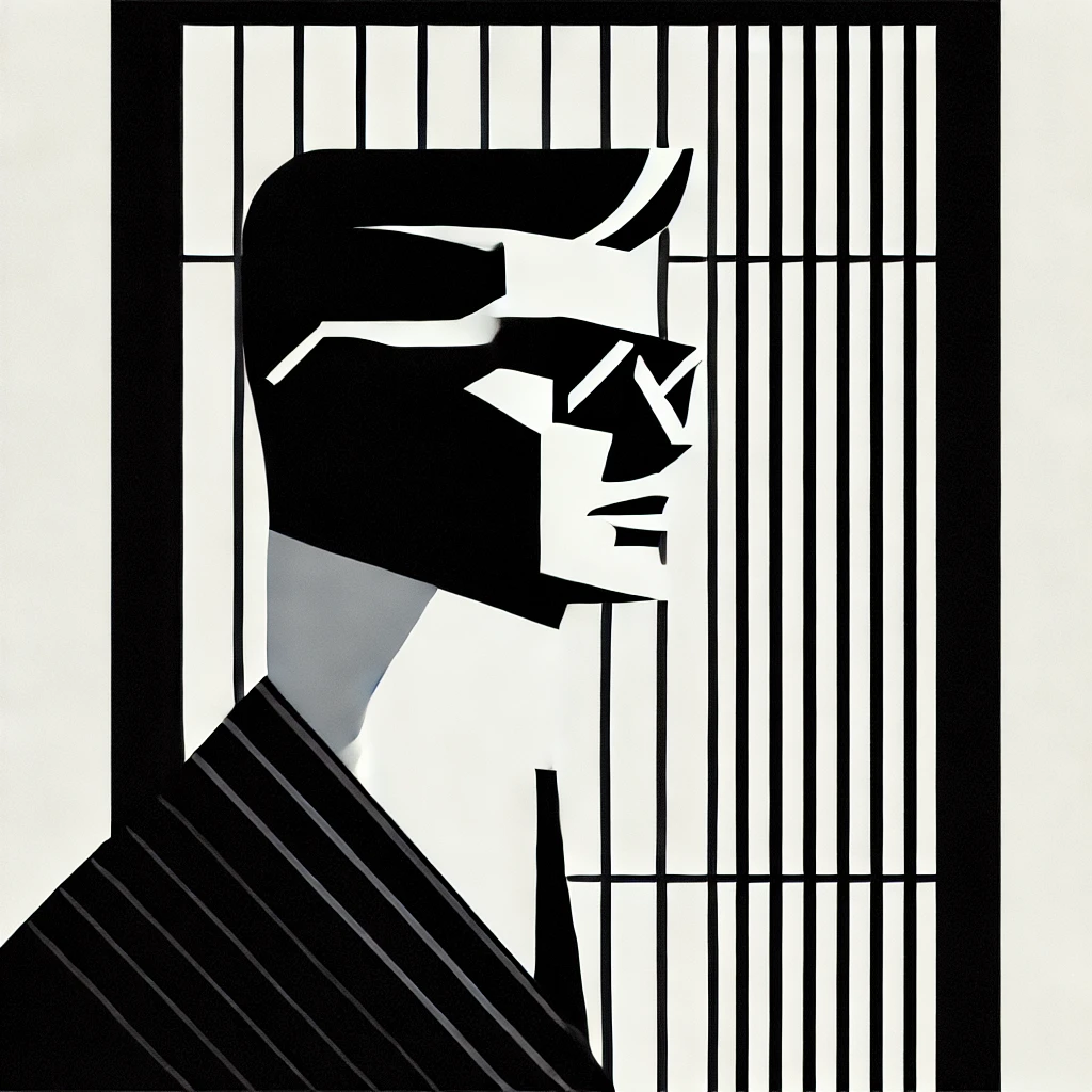 Minimalist Mid-Century Illustration of Stylish Man in Black-and-White Silhouette Minimalist black-and-white mid-century–style illustration of a man with a sharp collar, sleek hairstyle, and geometric sunglasses standing before a tall window with vertical lines.
