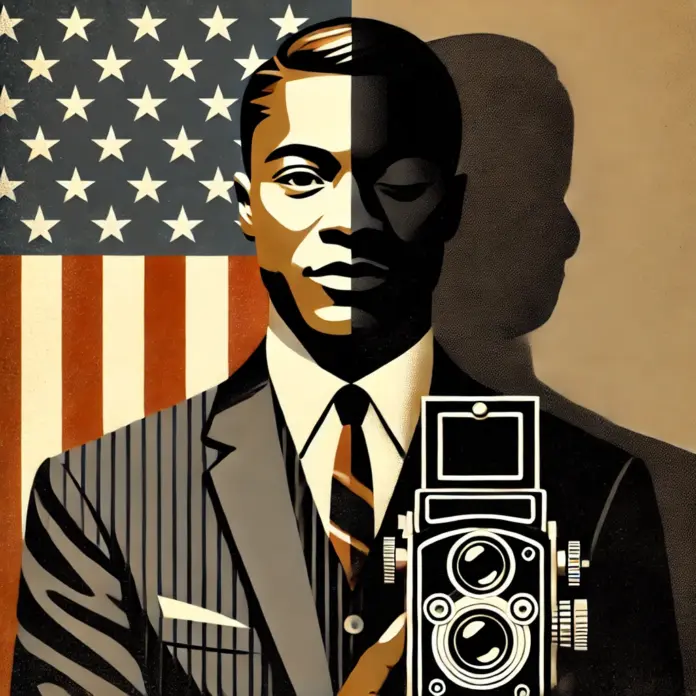 Minimalist mid-century–style illustration of a Black male photographer holding a vintage camera, with half his face lit in warm golden light and the other half in deep charcoal shadow, set against an abstract American flag backdrop.