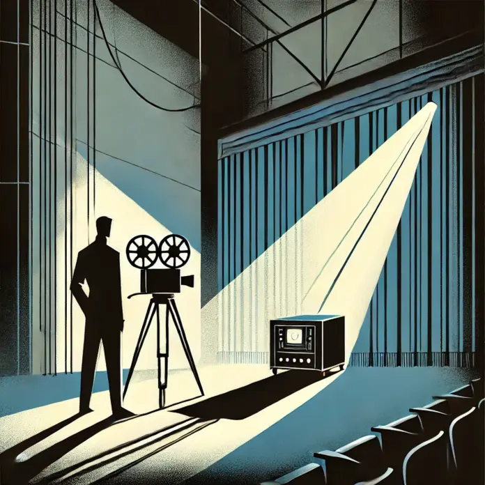 “Minimalist mid-century–style illustration of a lone silhouette standing backstage beside a vintage film projector, lit by a strong beam of light in an ink-blue and muted-gray color palette.”