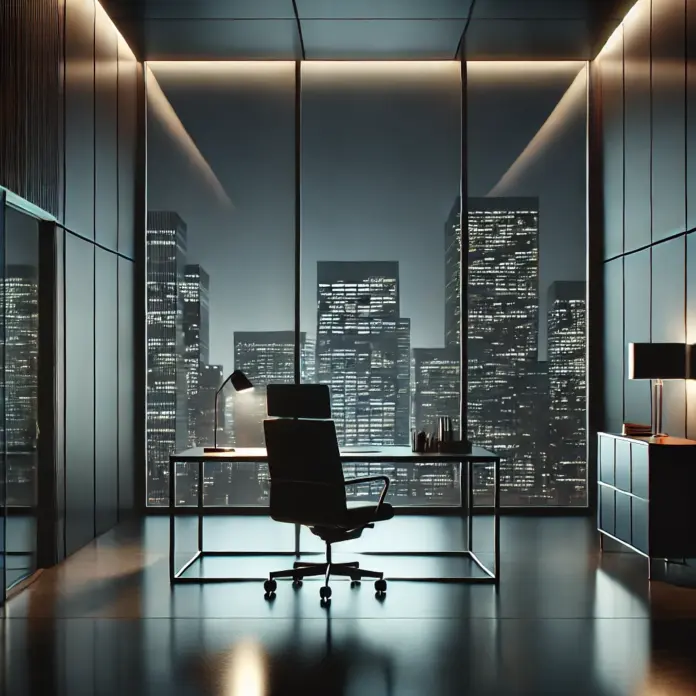 Minimalist illustration of an empty executive office at night with glass walls reflecting a city skyline, a chair angled away from a desk, and moody espresso and charcoal lighting.