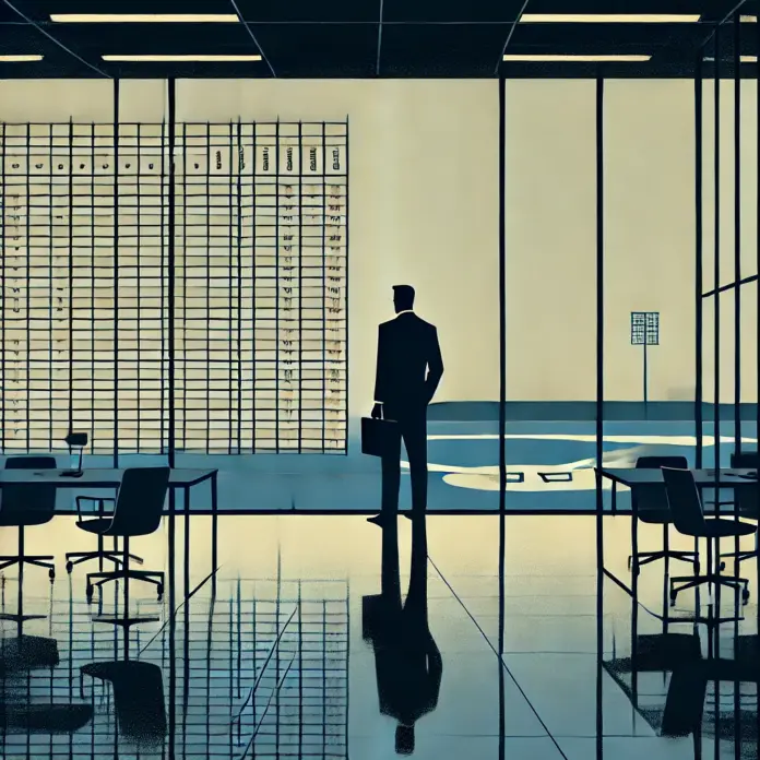 Minimalist mid-century illustration of a silhouetted executive behind glass with a baseball field reflected as a spreadsheet grid, in ink blue, charcoal gray, and muted gold tones.