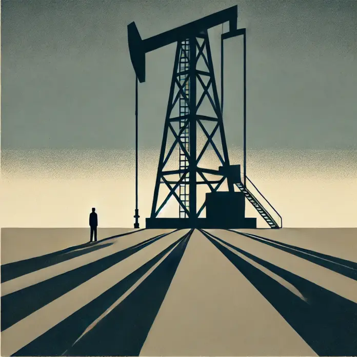 Minimalist mid-century illustration of a lone oil worker silhouette standing beneath a tall oil derrick, with long shadows across a barren landscape in blue, charcoal, and muted gold tones.