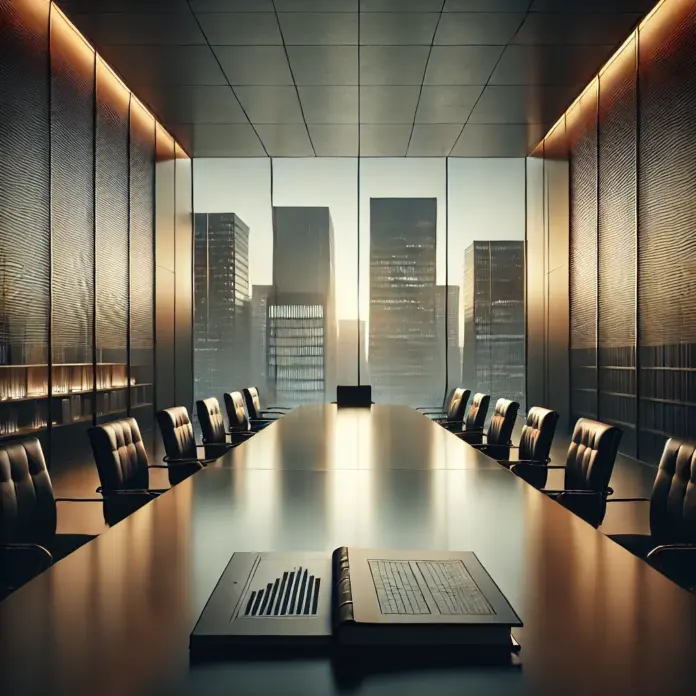Minimalist editorial illustration of an empty glass boardroom at dusk, closed ledgers on a polished table, and a misaligned city skyline reflection in charcoal and espresso tones.