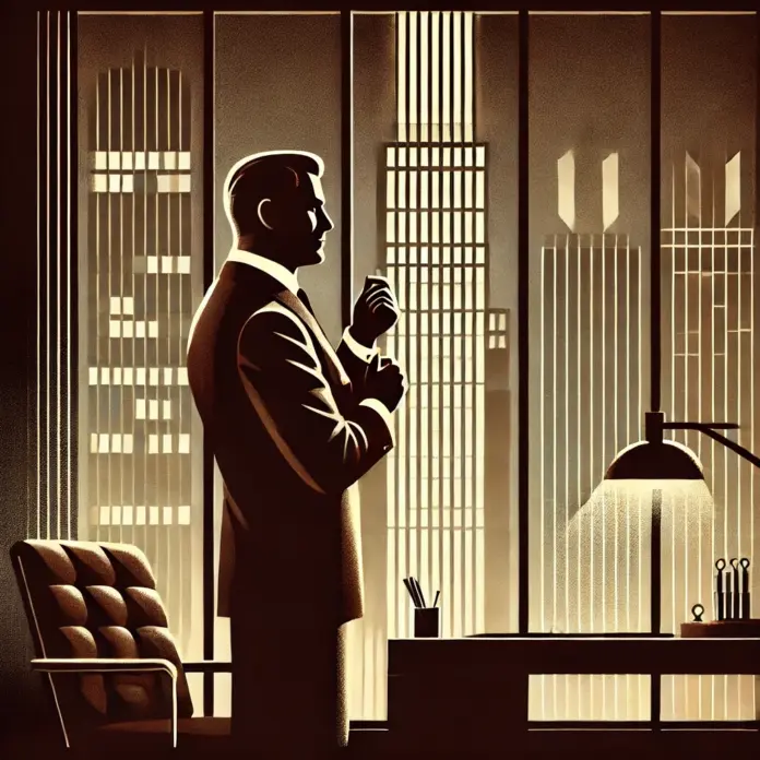 Minimalist Mad Men–style illustration of an older Mexican entrepreneur adjusting cufflinks behind a glass window, overlooking a glowing city skyline in espresso brown and muted gold tones