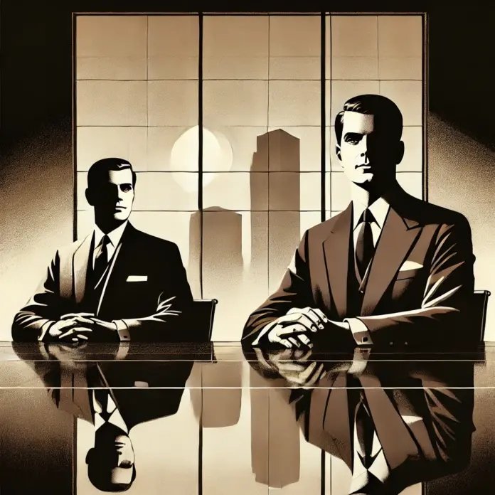 Minimalist Mad Men–style illustration of two business executives seated across a polished boardroom table with a city skyline reflected in glass, rendered in espresso brown and muted gold tones.