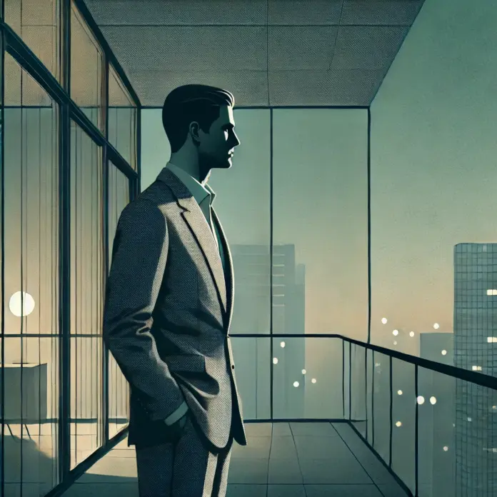 Minimalist editorial illustration of a man in a linen suit standing on a modern balcony at dusk, with city lights reflected in glass and a muted teal and charcoal color palette.