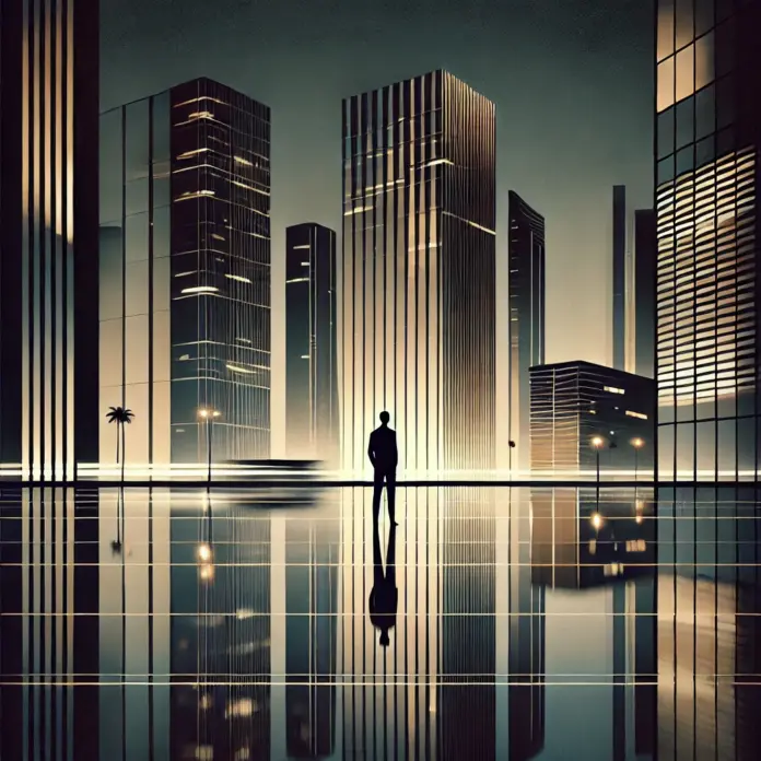 Minimalist illustration of a nighttime Miami skyline reflected in glass, with a lone silhouetted figure standing still as neon lights blur in charcoal and muted gold tones.