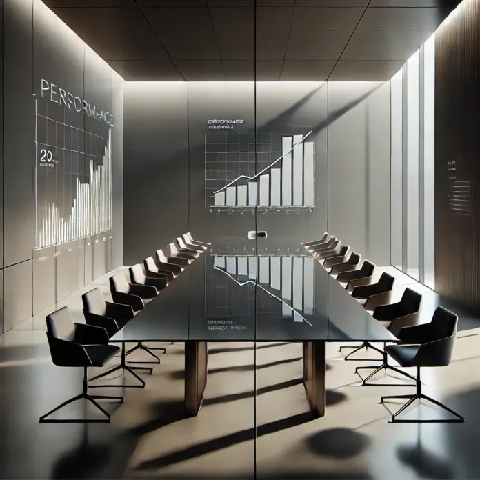Minimalist executive boardroom with a polished glass table reflecting performance charts, elongated shadows, and an empty chair, conveying strategic distance and leadership pressure.