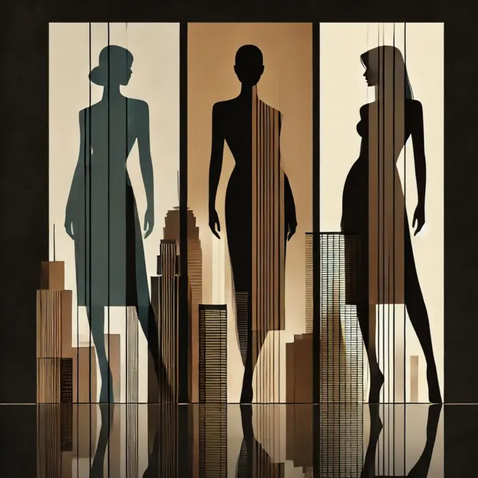 Minimalist Mad Men–inspired illustration showing three elegant female silhouettes separated by glass panels with overlapping Miami skyline reflections, rendered in espresso brown, muted gold, and charcoal tones.