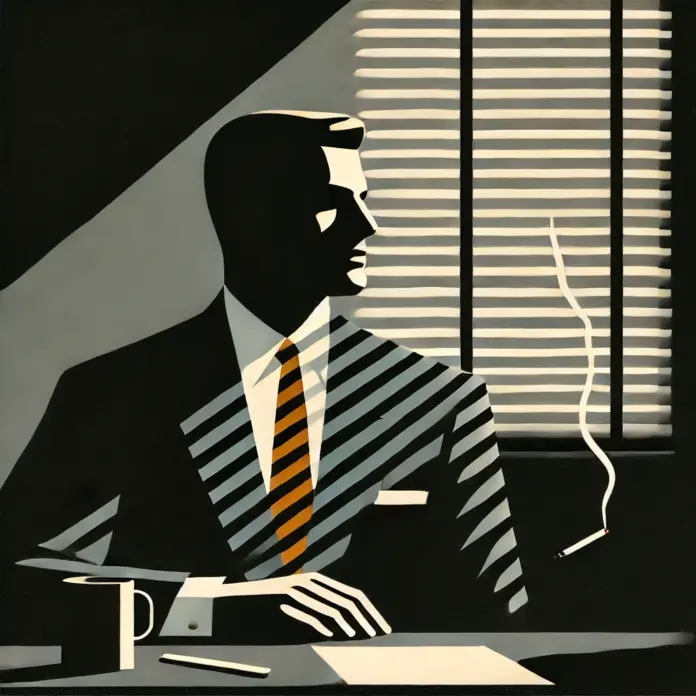 Minimalist 1960s noir illustration of a suited man seated behind glass, Venetian blind shadows across his face, cigarette glowing in chiaroscuro light.