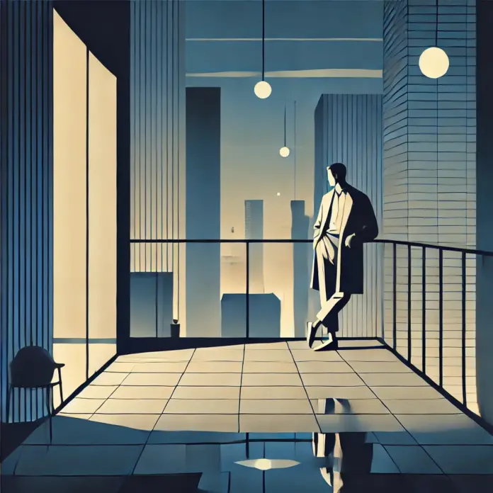 Minimalist illustration of a lone figure on a rooftop terrace at twilight overlooking a city skyline with subtle reflections and muted indigo and amber tones.