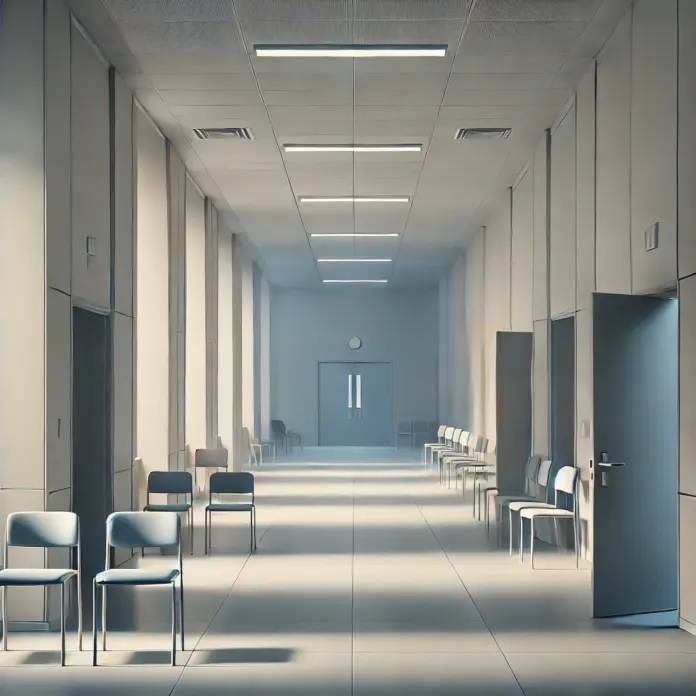 Minimalist illustration of an empty corridor after an event, with doors ajar, chairs slightly misaligned, soft lighting, and a muted color palette with no people present.