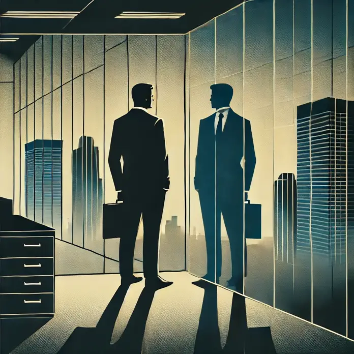 Minimalist 1980s-inspired editorial illustration showing a solitary businessman’s silhouette endlessly reflected in a glass office wall, with fractured city lights behind him and dramatic chiaroscuro lighting in ink blue, charcoal, and muted gold.